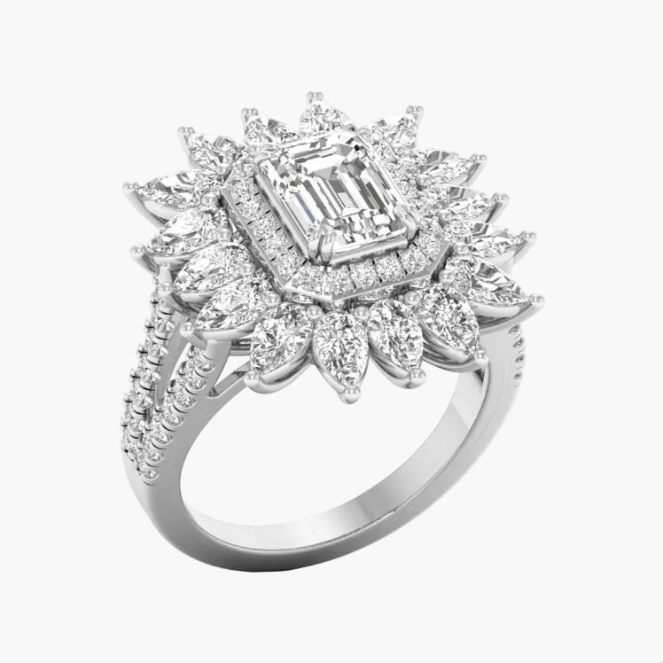 Diamond ring with a central emerald-cut diamond and floral-style halo on a white background