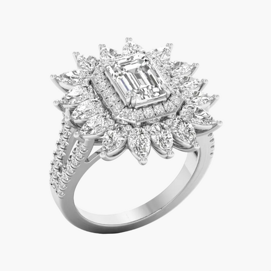 Diamond ring with a central emerald-cut diamond and floral-style halo on a white background