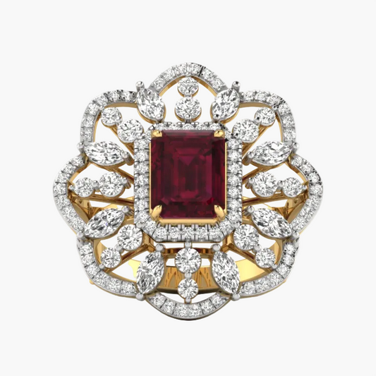 Elegant ring with a red gemstone and diamond accents on a white background