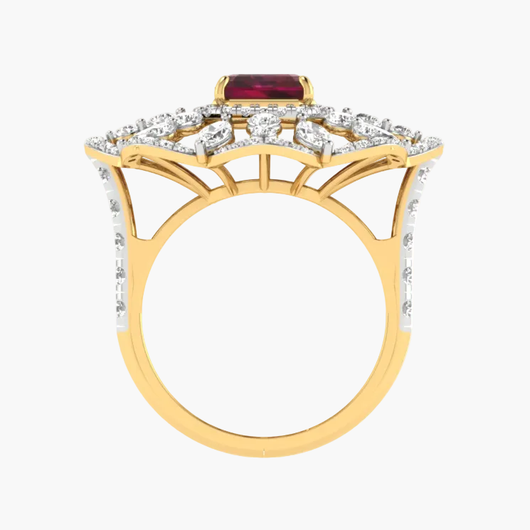 Gold ring with a red gemstone and diamonds on a white background