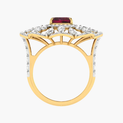 Gold ring with a red gemstone and diamonds on a white background