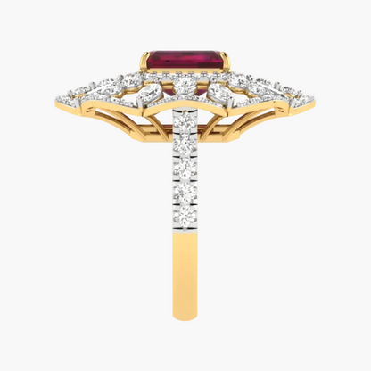 Gold ring with a red gemstone and diamond accents on a white background
