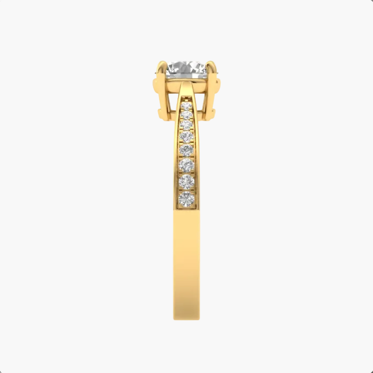 Gold ring with a central diamond and smaller diamonds on a white background
