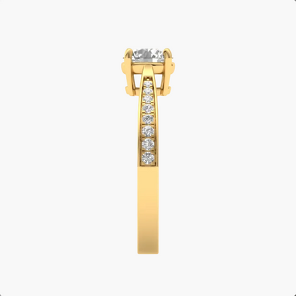 Gold ring with a central diamond and smaller diamonds on a white background