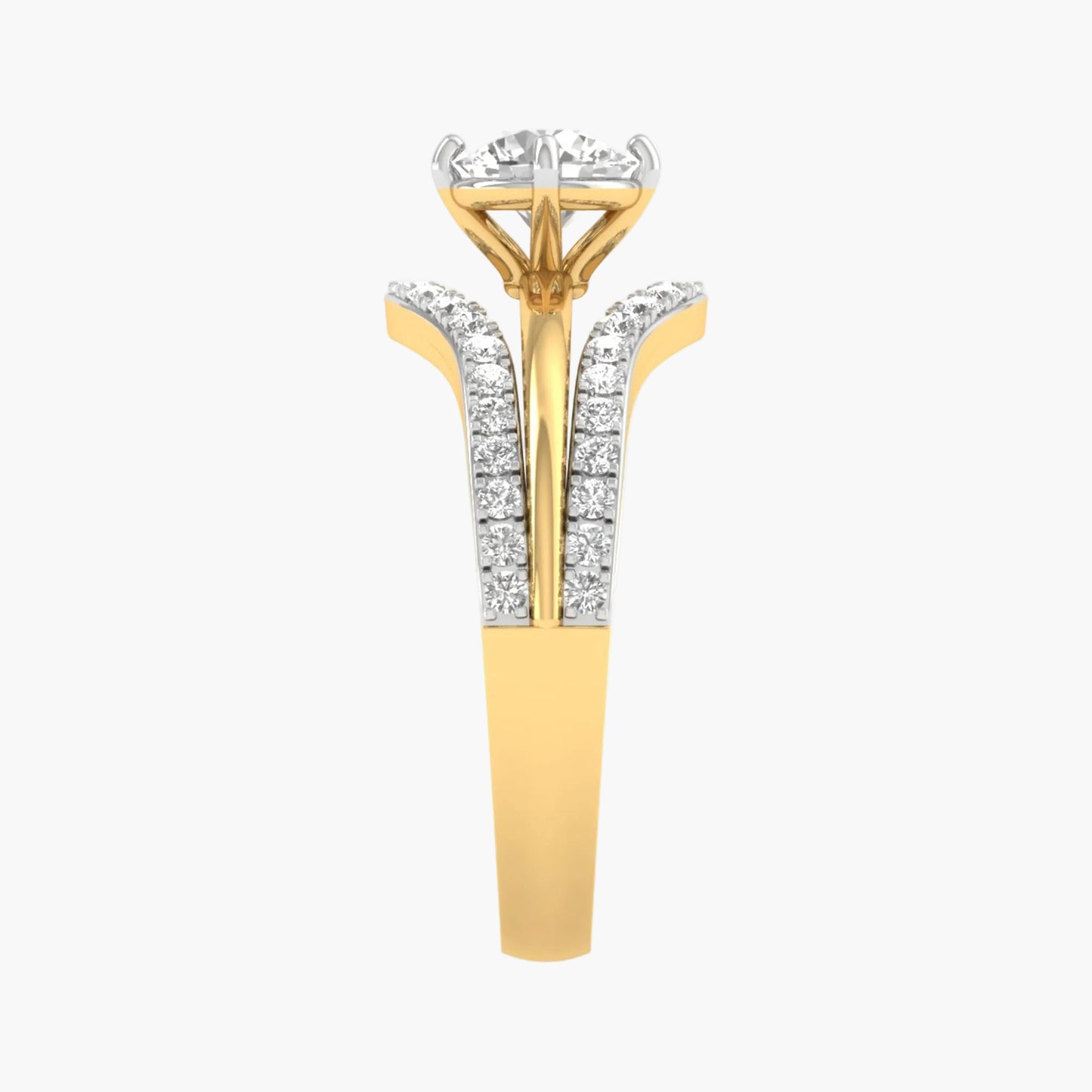 Gold ring with diamond accents on a white background