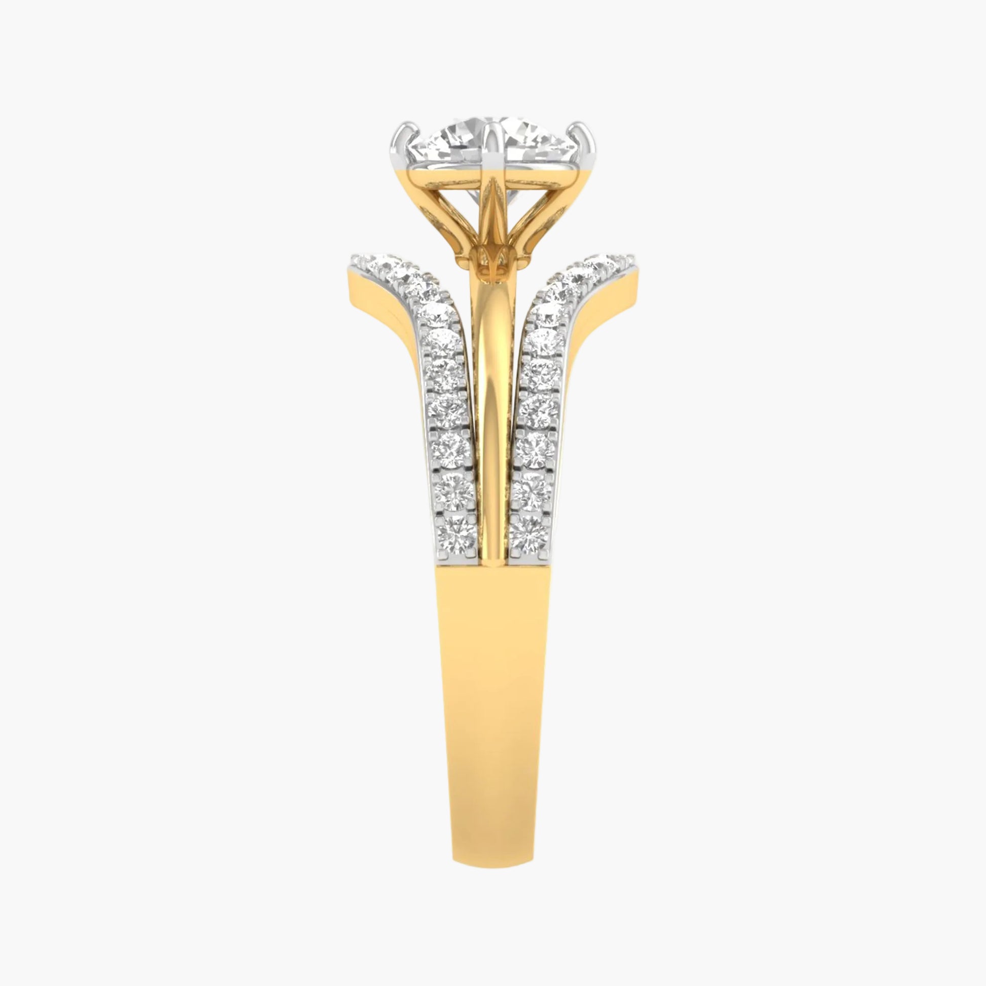 Gold ring with diamond accents on a white background