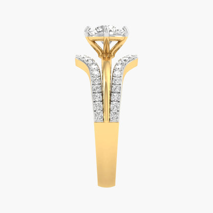 Gold ring with diamond accents on a white background
