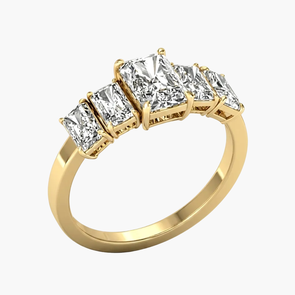 Gold ring with five rectangular diamonds on a white background