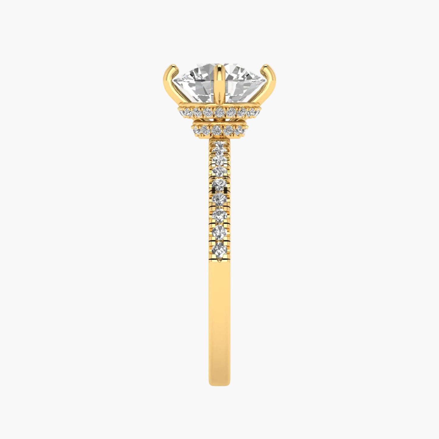 Gold earring with a central diamond and smaller stones on a white background