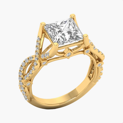 Gold ring with a large diamond and smaller diamonds on the band against a white background