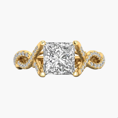Gold ring with a large diamond and smaller diamonds on the band against a white background