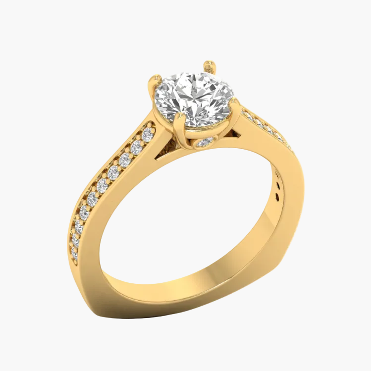 Gold ring with a large diamond and smaller diamonds on the band against a white background
