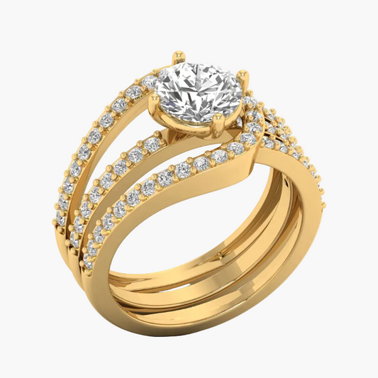 Gold ring with a large diamond and smaller diamonds on a white background