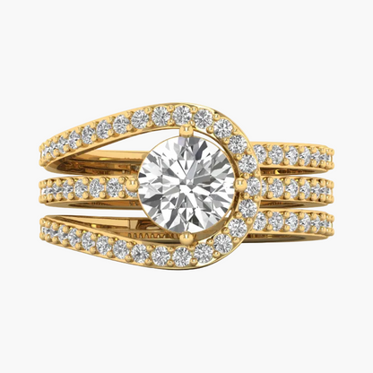 Gold ring with a large diamond and smaller diamonds on a white background