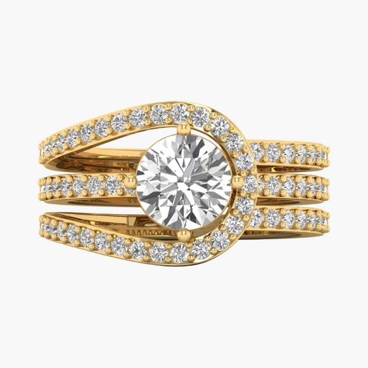 Gold ring with a large diamond and smaller diamonds on a white background