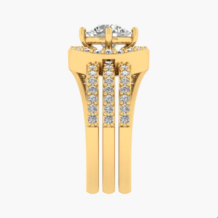 Gold ring with diamond accents on a white background