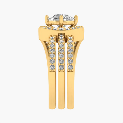 Gold ring with diamond accents on a white background