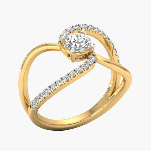 Gold ring with diamond accents on a white background