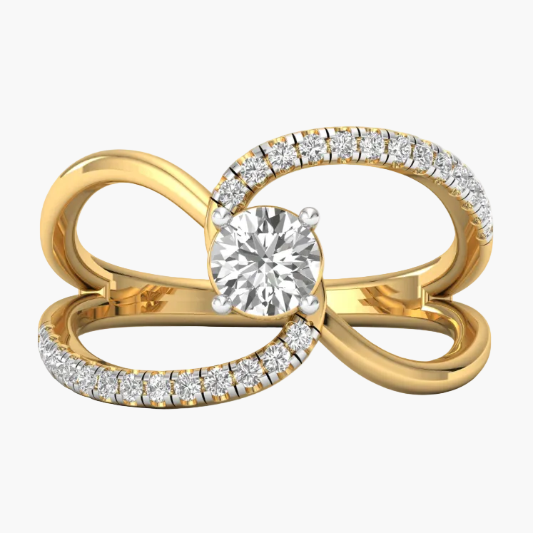 Gold ring with diamond accents on a white background