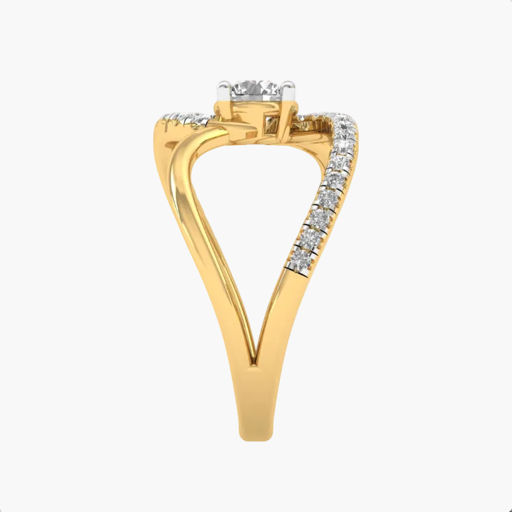 Gold ring with diamond accents on a white background
