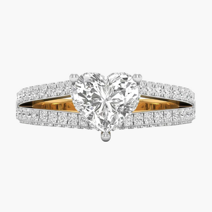 Diamond ring with a heart-shaped center stone on a white background