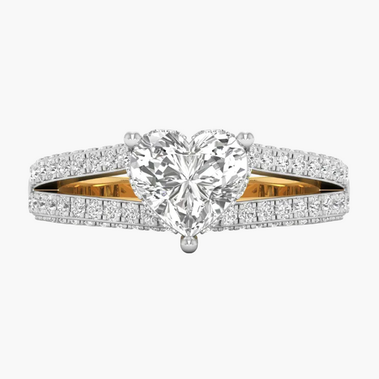 Diamond ring with a heart-shaped center stone on a white background