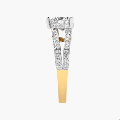 Two-tone gold and silver ring with a large central stone on a white background