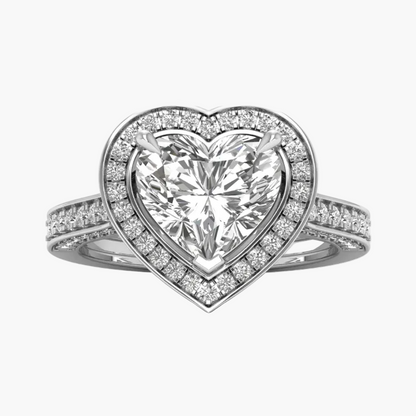 Heart-shaped diamond ring with a white background