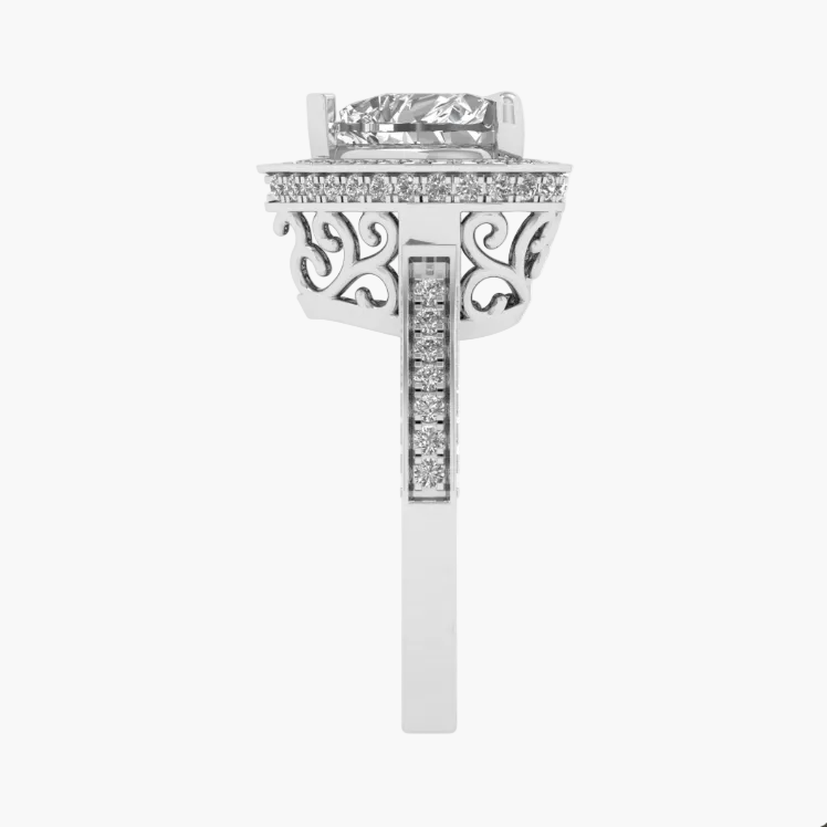 Silver ring with diamond accents on a white background