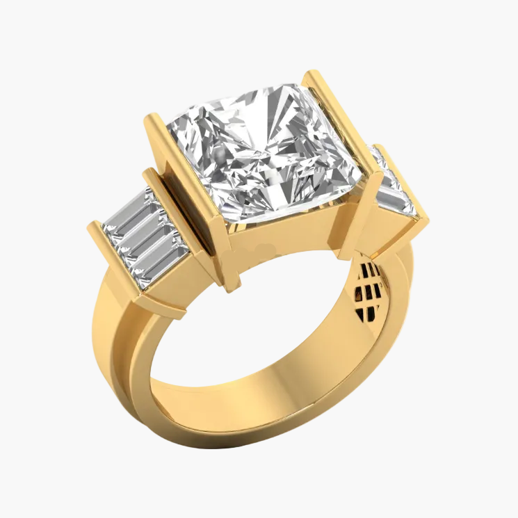 Gold ring with a large diamond and smaller gemstones on a white background