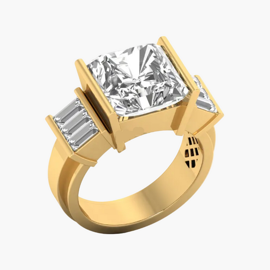 Gold ring with a large diamond and smaller gemstones on a white background