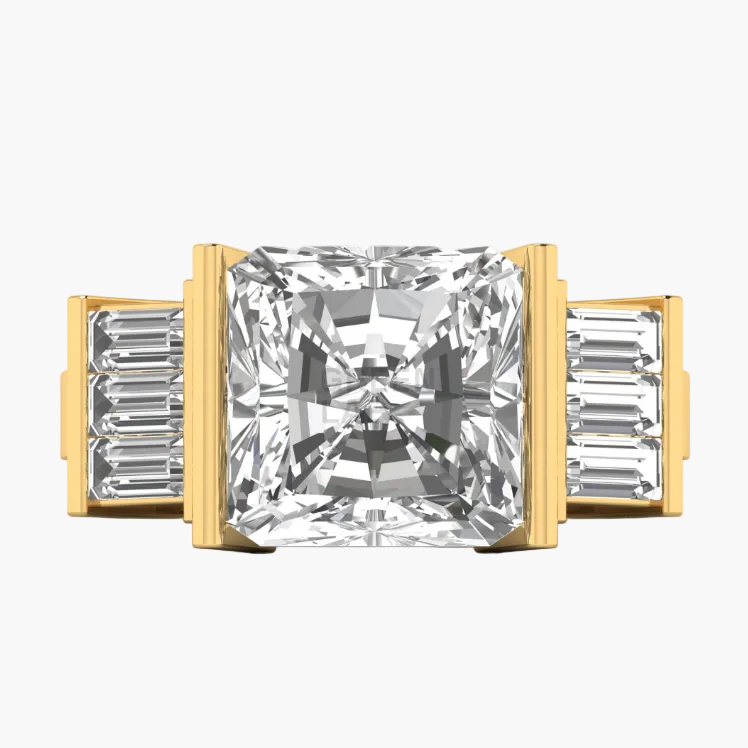 Diamond ring with gold band and clear gemstone on a white background
