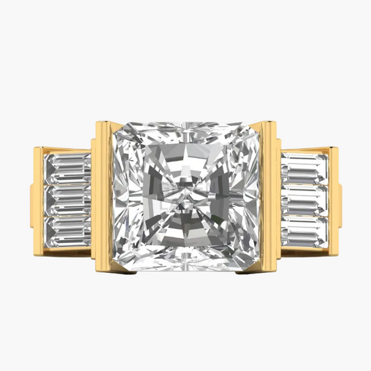 Diamond ring with gold band and clear gemstone on a white background