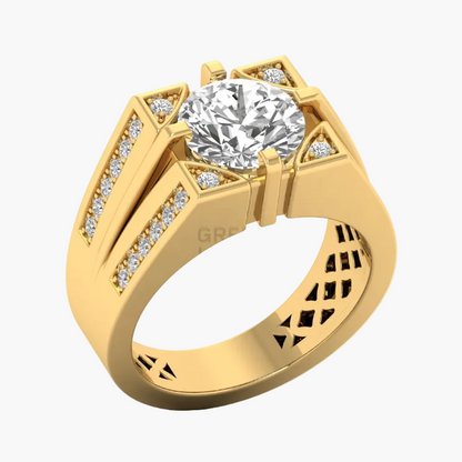 Gold ring with a large diamond and smaller diamonds on a white background