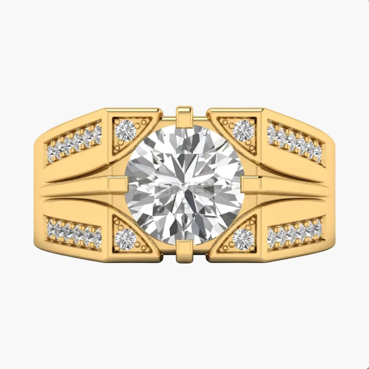 Gold ring with a large diamond and smaller diamonds on the band against a white background
