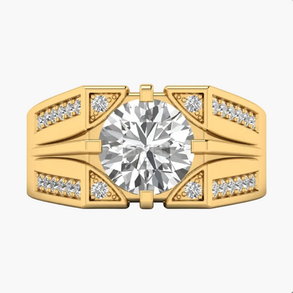 Gold ring with a large diamond and smaller diamonds on the band against a white background