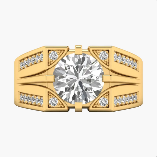 Gold ring with a large diamond and smaller diamonds on the band against a white background