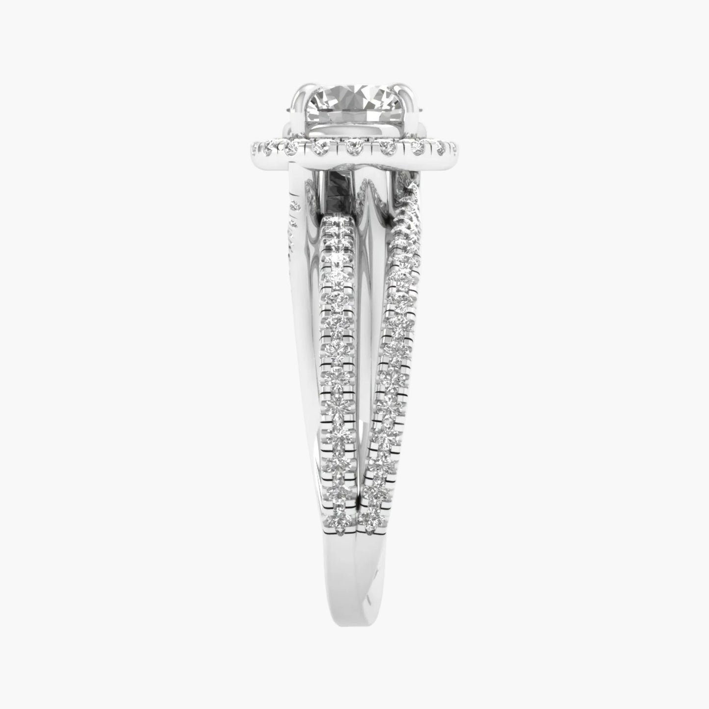 Silver ring with diamond accents on a white background