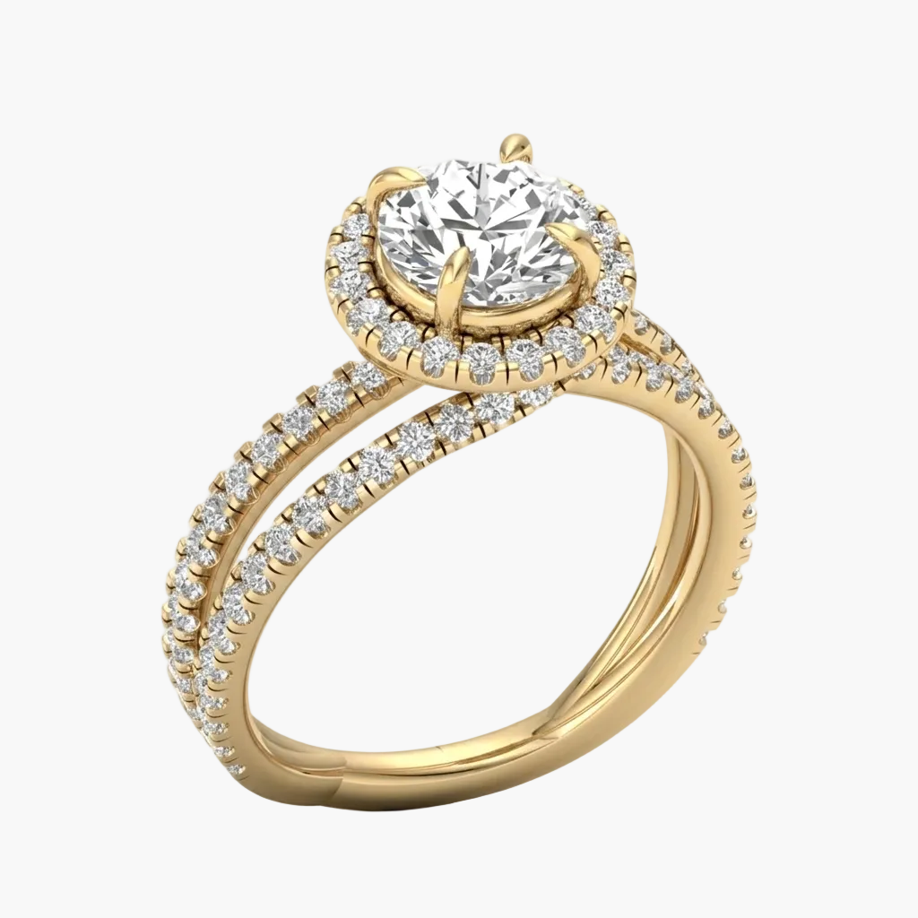 Gold ring with a large diamond and smaller diamonds on a white background