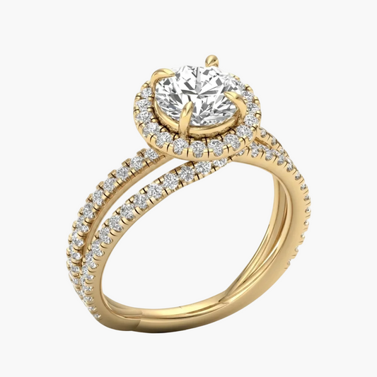 Gold ring with a large diamond and smaller diamonds on a white background
