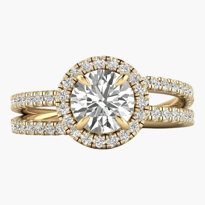 Gold ring with a large diamond and smaller diamonds on a white background