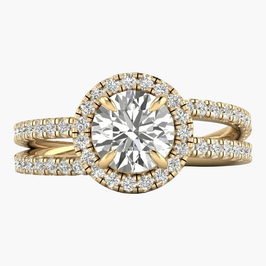 Gold ring with a large diamond and smaller diamonds on a white background