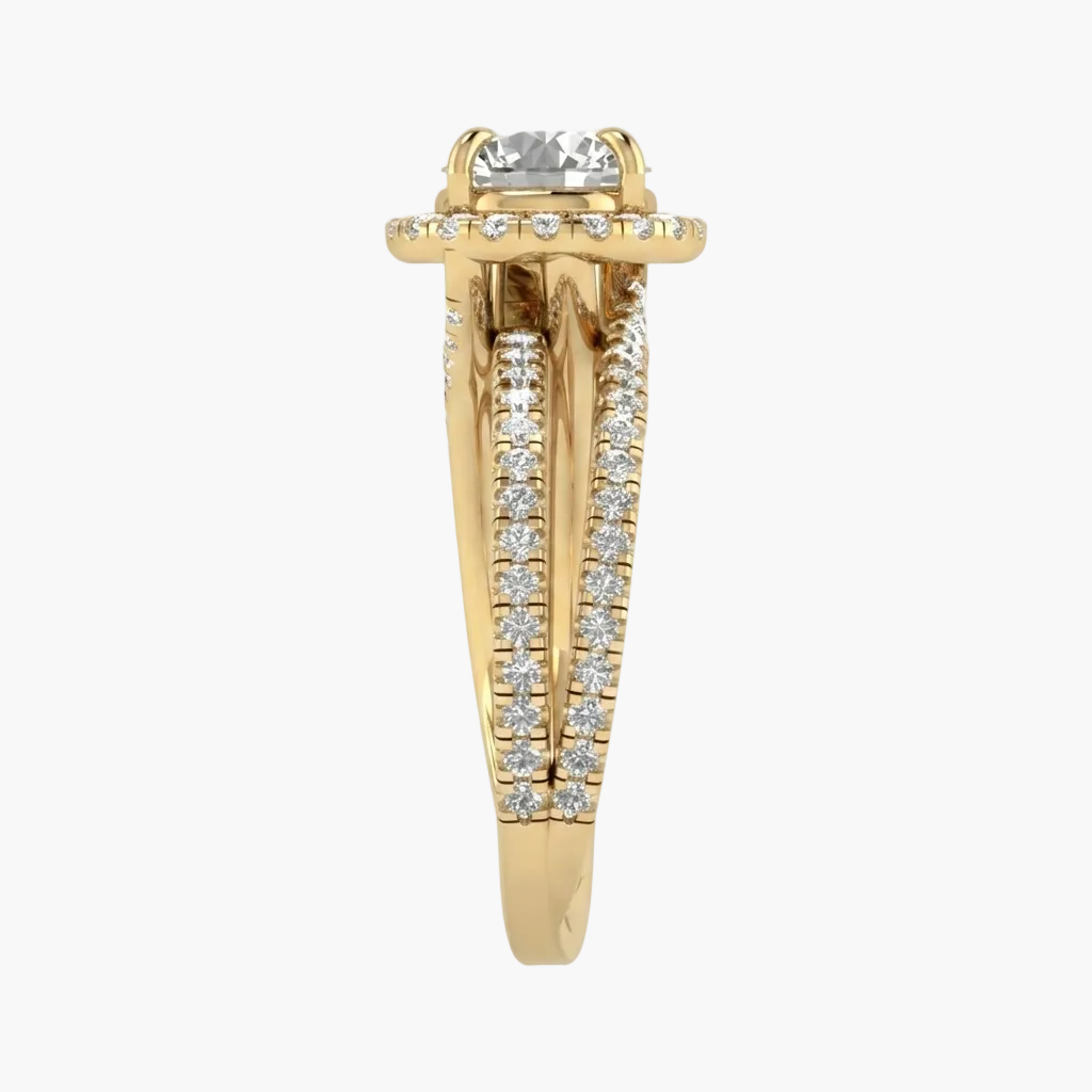 Gold ring with diamond accents on a white background