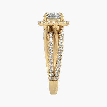 Gold ring with diamond accents on a white background