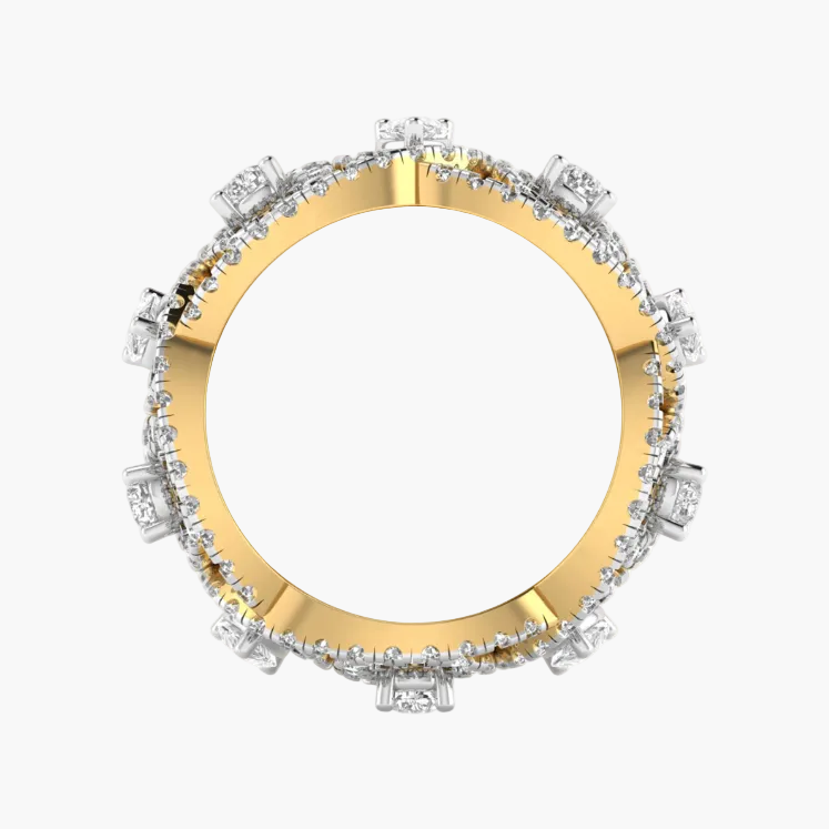 Gold ring with diamond accents on a white background
