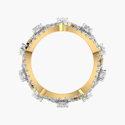 Gold ring with diamond accents on a white background