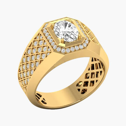 Gold ring with a large diamond and smaller diamonds on a white background