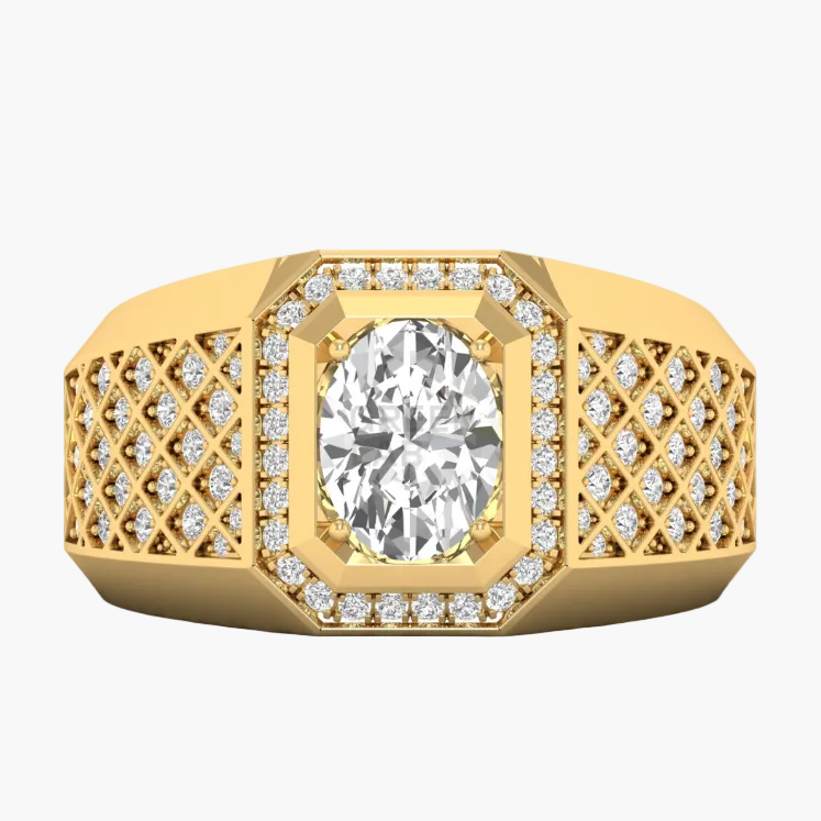 Gold ring with a large diamond and smaller diamonds on a white background