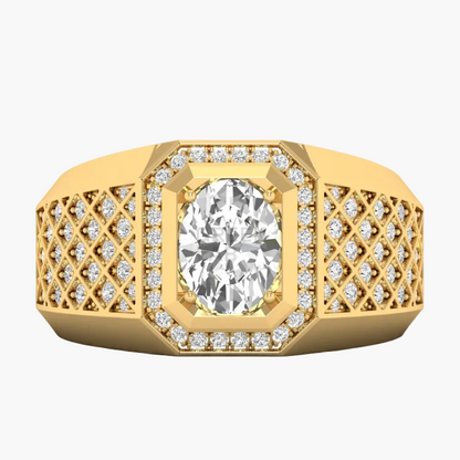 Gold ring with a large diamond and smaller diamonds on a white background