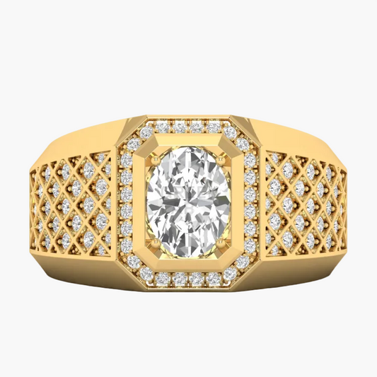 Gold ring with a large diamond and smaller diamonds on a white background